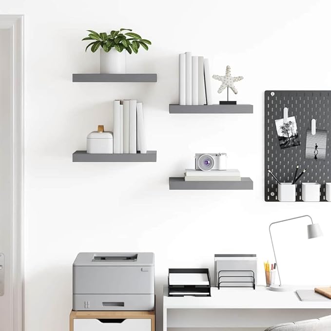 Gray Honeycomb Floating Wall Shelves Set of 4, MDF and Metal Medium Wall Shelf with Matte Finish for Living Room Bedroom Storage and Display
