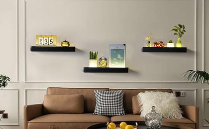Floating Shelves with Invisible Brackets & Strip Lights, Protective Front Lip, Black Wood Wall Shelves Set of 3, Mounted Bookshelf, Bedroom, Bathroom, Living Room, Kitchen