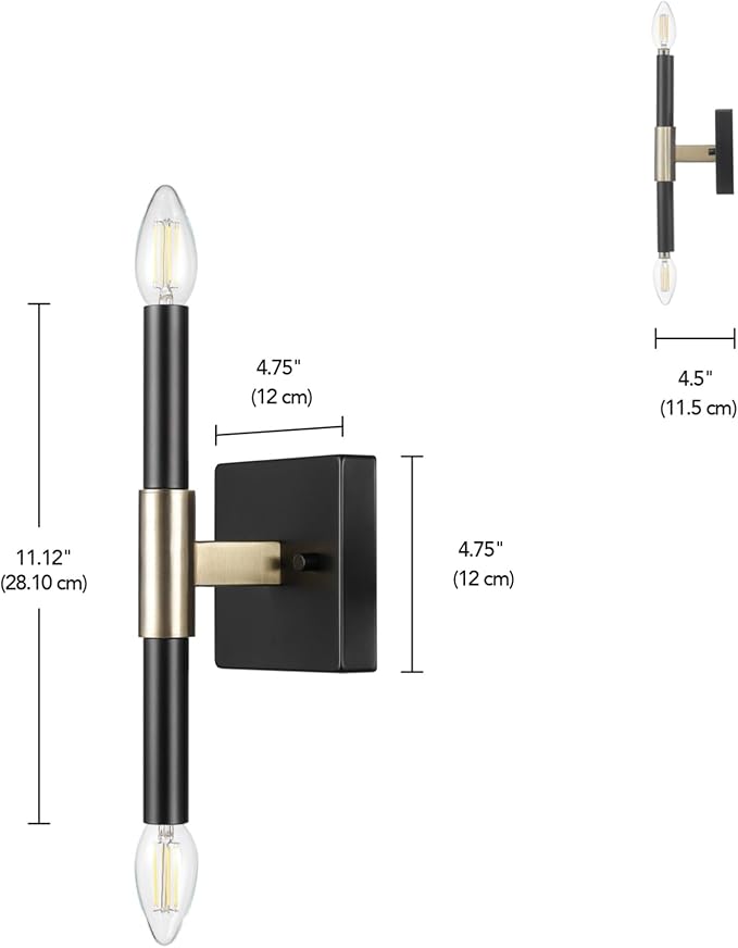 Globe Electric 65000044 2-Light Wall Sconce, Matte Black, Antique Brass Accent, E12 Base Sockets, Lights for Living Room, Home Decor, Lighting, Mounted Bedside Lamp
