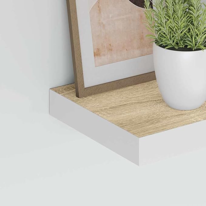 Floating Wall Shelf Set of 2 Oak and White Honeycomb MDF with Metal Brackets, Modern Matte Finish Storage for Living Room Office, Invisible Mounting System, Durable Space