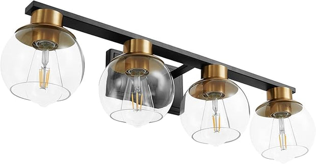 PAZALA Black Gold Bathroom Light Fixtures Over Mirror 4-Lights Vanity Light Wall Sconce with Globe Glass Shade, E26 Base, Perfect for Hallway Picture Wall Lighting Bathroom Bedroom Mirror Living Room