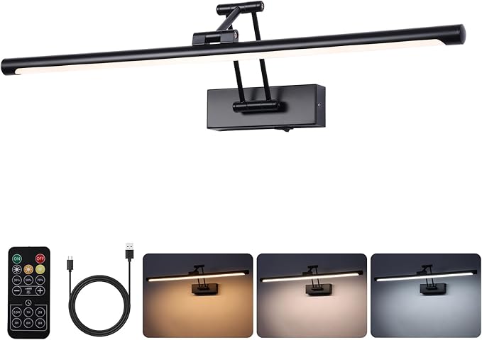 LED Battery Operated Picture Lights with Remote Wireless Art Lighting for Wall 23.6 Inch Rechargeable Painting Light Black Frame Lights Dimmable 3CCT Gallery Light for Library Portrait