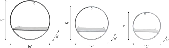 Set of 3 Metal and Wood Round Wall Shelves – Floating Storage Shelves for Wall, Living Room or Bedroom Wall Decor, Modern Circular Wall Storage, Home Decor – 16 & 14 & 12" Silver Metallic Finish