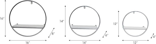Set of 3 Metal and Wood Round Wall Shelves – Floating Storage Shelves for Wall, Living Room or Bedroom Wall Decor, Modern Circular Wall Storage, Home Decor – 16 & 14 & 12" Silver Metallic Finish