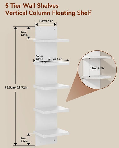 IBUYKE 5-Tier Modern Wall-Mounted Shelf, White Vertical Shelf, Floating Storage, Organizer, Tall Tower Design, Decorative Wall Mount Shelving for Home, Bedroom, Living Room, Office Decor WBC009W-2
