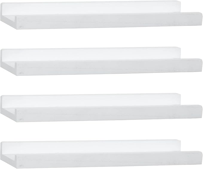 PHOENANCEE Picture Floating Shelves with Lip,Photo Frame Ledge Set of 4,Rustic Wood Storage Display Wall Mounted for Living Room Bedroom Kitchen Kids Nursery Book,Home Decor (White,17 Inch)