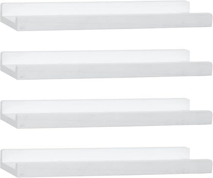 PHOENANCEE Picture Floating Shelves with Lip,Photo Frame Ledge Set of 4,Rustic Wood Storage Display Wall Mounted for Living Room Bedroom Kitchen Kids Nursery Book,Home Decor (White,17 Inch)