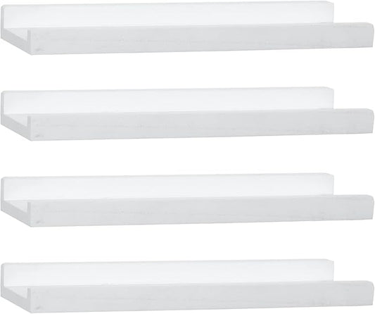 PHOENANCEE Picture Floating Shelves with Lip,Photo Frame Ledge Set of 4,Rustic Wood Storage Display Wall Mounted for Living Room Bedroom Kitchen Kids Nursery Book,Home Decor (White,17 Inch)