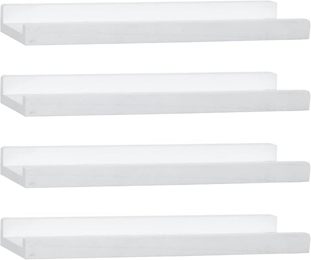PHOENANCEE Picture Floating Shelves with Lip,Photo Frame Ledge Set of 4,Rustic Wood Storage Display Wall Mounted for Living Room Bedroom Kitchen Kids Nursery Book,Home Decor (White,17 Inch)