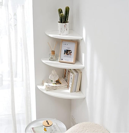 White Corner Shelf, Wall Mount Natural Oak Wood Floating Corner Wall Shelf Round End Small Corner Nightstand Plant Shelf for Bedroom, Kitchen, Living Room 7inch