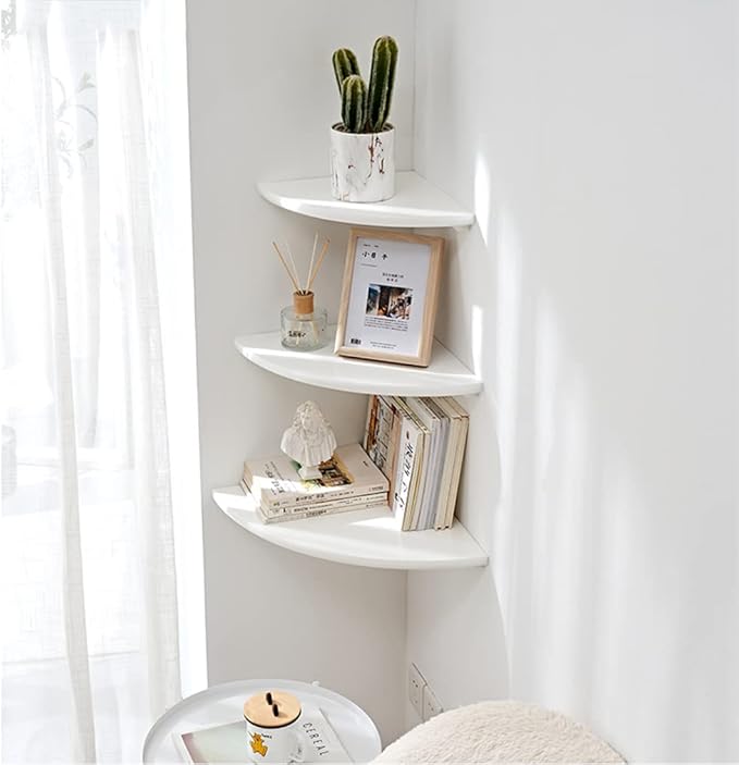 White Corner Shelf, Wall Mount Natural Oak Wood Floating Corner Wall Shelf Round End Small Corner Nightstand Plant Shelf for Bedroom, Kitchen, Living Room 14inch