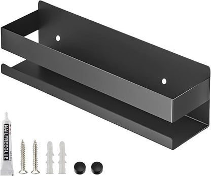 Floating Shelves Wall Mounted, Rustproof Stainless Steel Bathroom Shelf, Black Nail-Free Kitchen Spice Rack, Adhesive Storage Organizer for Shower & Home Decor