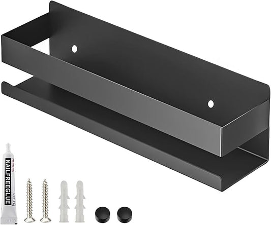 Floating Shelves Wall Mounted, Rustproof Stainless Steel Bathroom Shelf, Black Nail-Free Kitchen Spice Rack, Adhesive Storage Organizer for Shower & Home Decor
