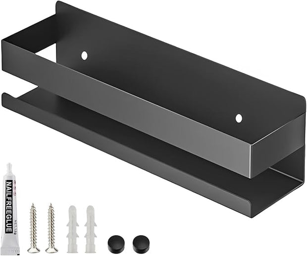 Floating Shelves Wall Mounted, Rustproof Stainless Steel Bathroom Shelf, Black Nail-Free Kitchen Spice Rack, Adhesive Storage Organizer for Shower & Home Decor
