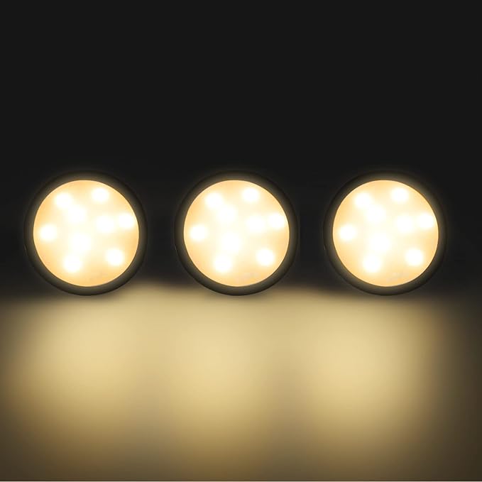 YGS-Tech LED Puck Lights, Under Cabinet Lighting Black Trim, 3000K Warm White, CRI90+, Touch Dimming, All Accessories Included, Under Counter Lighting for Kitchen, Closet Lights, Safe Light, 3-Pack