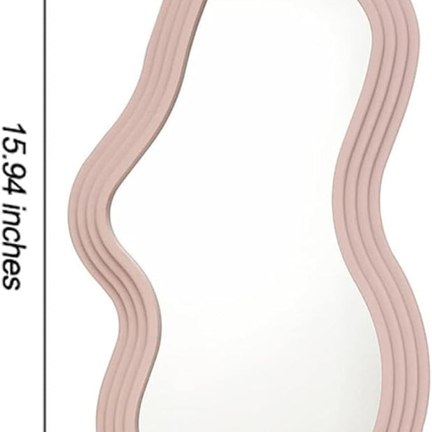 Mokoze Asymmetrical Wall-Mounted Mirror, Creative Unique Decorative Mirrors, Funky Wavy Mirror 15.94"x10.24" Irregular Border Pink Mirror for Bathroom Living Room Decoration