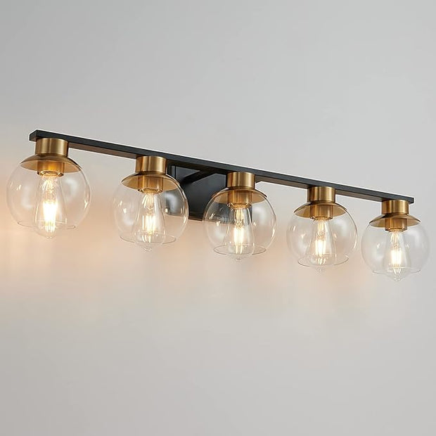 PAZALA Black Gold Bathroom Light Fixtures Over Mirror 5-Lights Vanity Light Wall Sconce with Globe Glass Shade, E26 Base, Perfect for Hallway Picture Wall Lighting Bathroom Bedroom Mirror Living Room