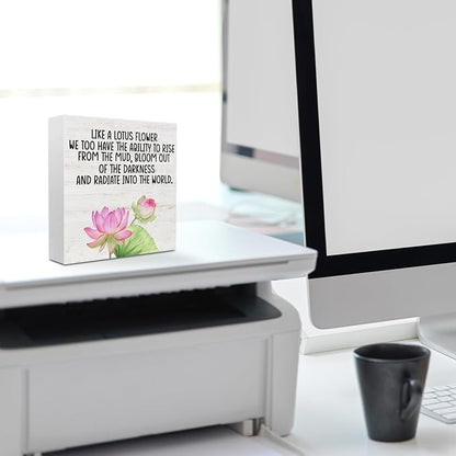 Inspirational Gifts Lotus Wood Box Sign Desk Decor, Like a Lotus Flower, Motivational Gifts Desk Decorative Signs for Home Office Living Room Table Shelf Cubicle