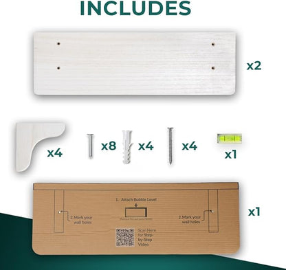 Real Wood White Wall Shelves for Bathroom - 17 inch (2 Pack) - Easy to Install, Template and Video Included - Long Wall Mounted Shelves for Office, Living Room, Bedroom, Kid's Room, and Kitchen