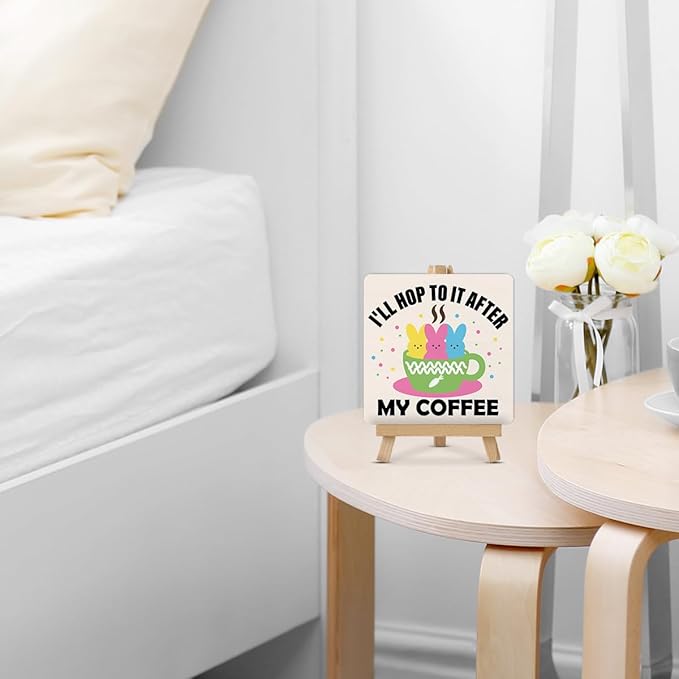 Easter Kitchen Decor - Easter Decorations for Home - I Will Hop to It After My Coffee Wood Sign with Easel Home Office Kitchen Coffee Bar Desk Tabletop Shelf Tiered Tray Decorations