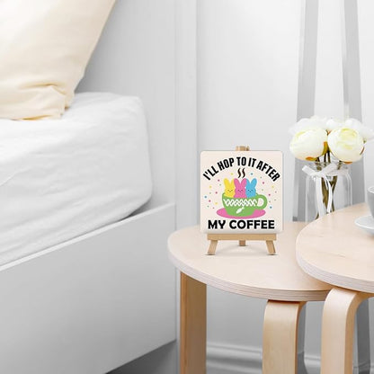 Easter Kitchen Decor - Easter Decorations for Home - I Will Hop to It After My Coffee Wood Sign with Easel Home Office Kitchen Coffee Bar Desk Tabletop Shelf Tiered Tray Decorations