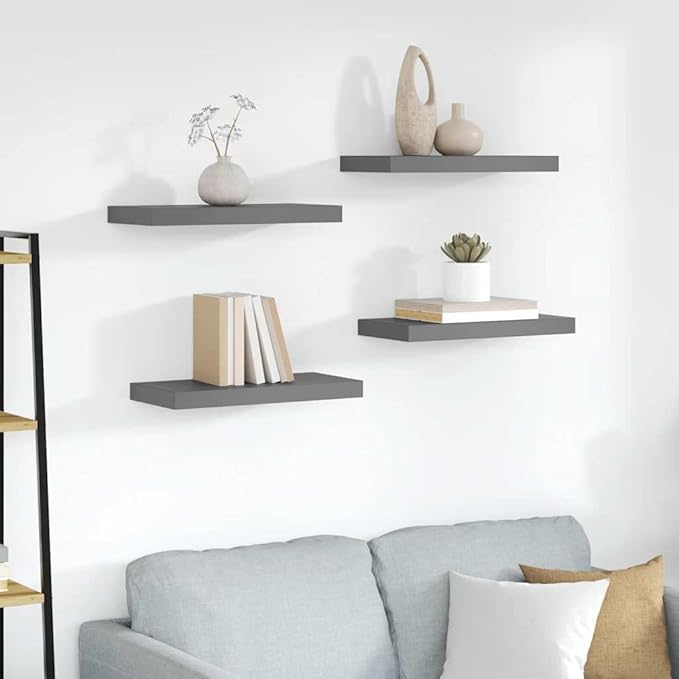 Set of 4 Glossy Grey Honeycomb Floating Wall Shelves, MDF and Metal Modern Storage, Easy Installation for Displaying Books and Decor, High-Gloss Finish, Sturdy Weight Capacity
