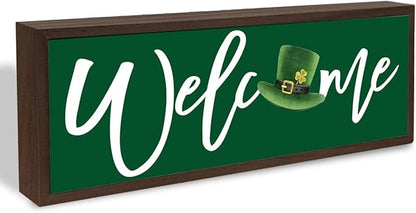 Welcome Desk Sign, St Patricks Day Wooden Table Sign, Green Irish Decor Signs, Welcome Home Decor, Front Door Decoration for Shelf, Porch Decors, Rustic Farmhouse Decors, 9.5x3.1x1 inches