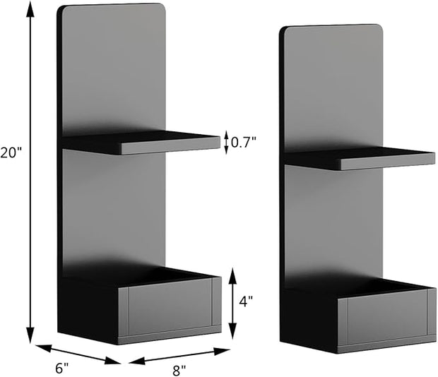 2-Tier Black Floating Wall Shelf, 20x8x6 Wall-Mounted Wooden Beside Shelf/Nightstand for Home Décor, Plants, Cosmetics, Bathroom, Kitchen, Bedroom Storage (Black with Box)