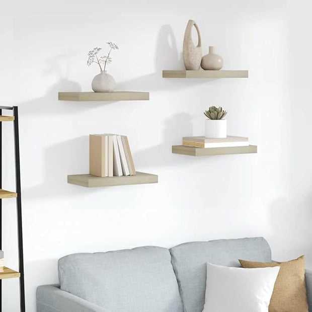 Floating Wall Shelves Set of 4 Oak Honeycomb MDF Metal Medium, Space-Saving Mounted Storage for Books and Decor, Sturdy Engineered Wood Shelving with Easy Assembly for Modern