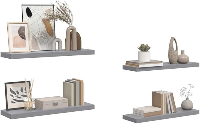 Modern Floating Wall Shelf Set of 4 Grey Honeycomb MDF Metal 31.5 x 9.3 Inches for Home Decor and Storage