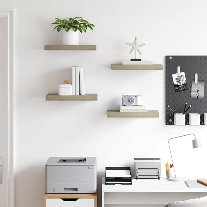 Floating Wall Shelves Set of 4, Oak Honeycomb MDF with Metal Brackets, Modern Space-Saving Storage for Books and Decor, Sturdy Easy Mount Shelving Unit for Living Room