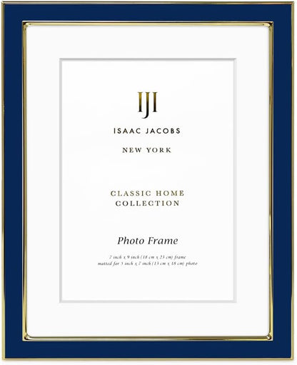 Isaac Jacobs 7x9 (Matted 5x7) Navy Enamel Picture Frame with Gold Metal Edge and Easel, Tabletop Display, Wall Décor, Photo Gallery, (7x9 (Matted 5x7), Navy with Gold)