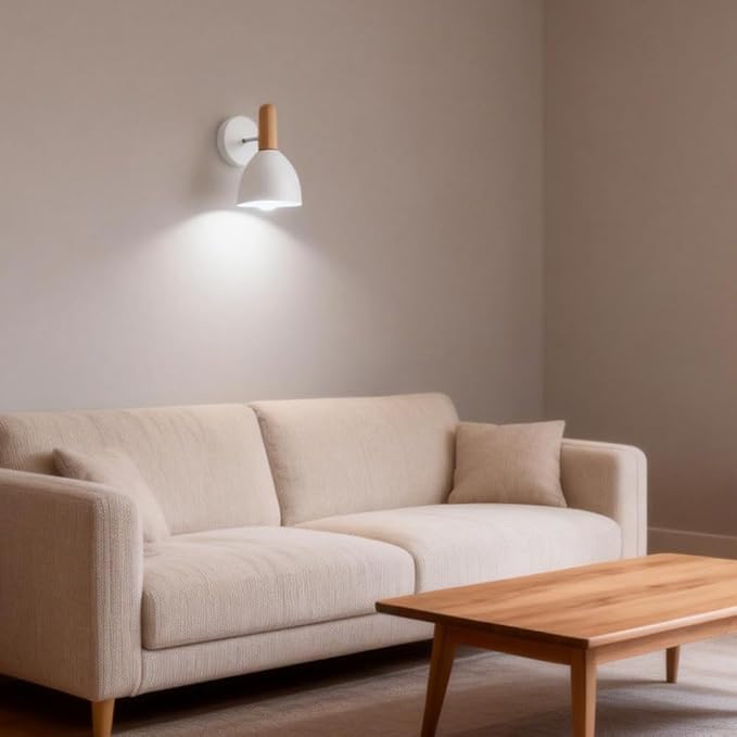 Modern Hardwired Wall Sconces, White Metal Wall Mount Lamp for Bedside Bedroom Living Room, Wooden Indoor Wall Light with E27 Buld