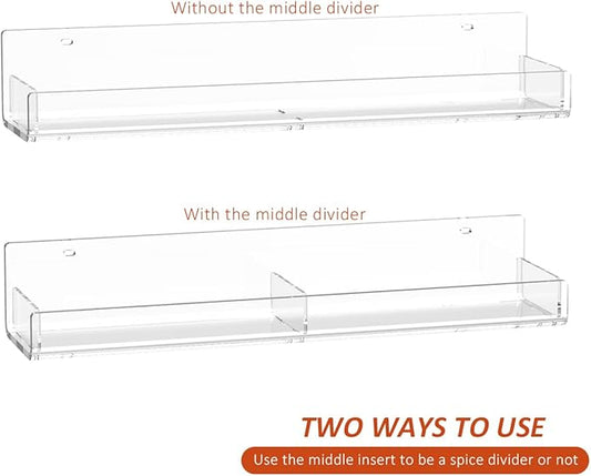 Acrylic Spice Rack Wall Mount, Hanging Spice Shelf Racks for Seasonings, Kitchen Spice Jars Wall Organizer Storage Holder, 2 Pack