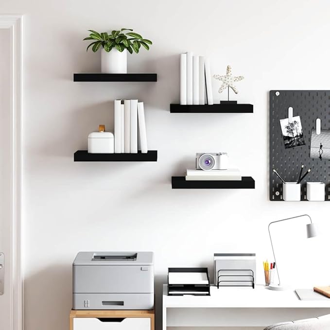 Black Honeycomb MDF Metal Small Wall Shelf Set of 4, Floating Wall Shelves for Home Decor and Space Saving Storage, Modern Display Shelves for Living Room Bedroom Office