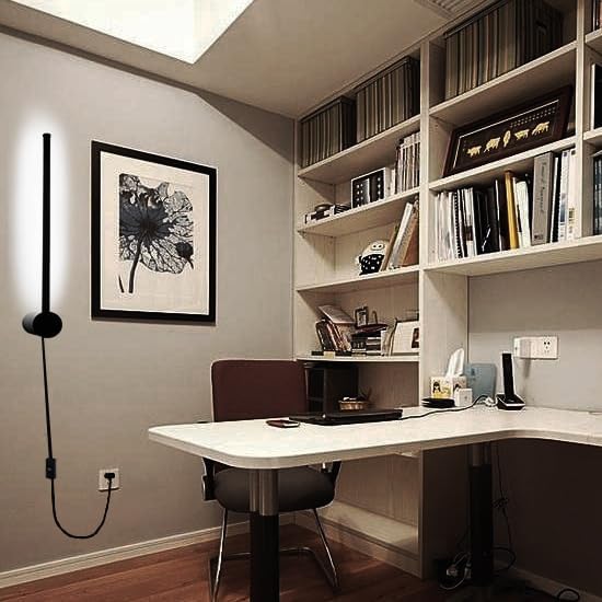 Kawell 19.7 Inch Rotatable LED Wall Sconce 12W Plug in Wall Light Bar with Switch Modern Black Linear Lamp for Bedroom Living Room Office, Cold White