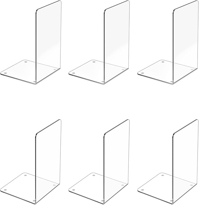 Acrylic Bookends 6 Pcs, Clear Book Ends for Shelves, Transparent Organizer, Holder Stand Decorative, Stoppers for Heavy Duty Books, CD, File, Video Games