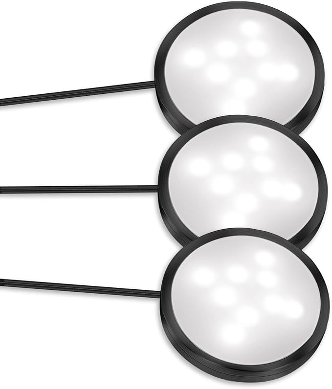 YGS-Tech LED Under Cabinet Lighting Kit, 1020 Lumens LED Puck Light, 5000K Daylight White, CRI90+, Touch Dimming, Black Trim All Accessories Included, for Kitchen, Closet Lights, Safe Light, 3-Pack