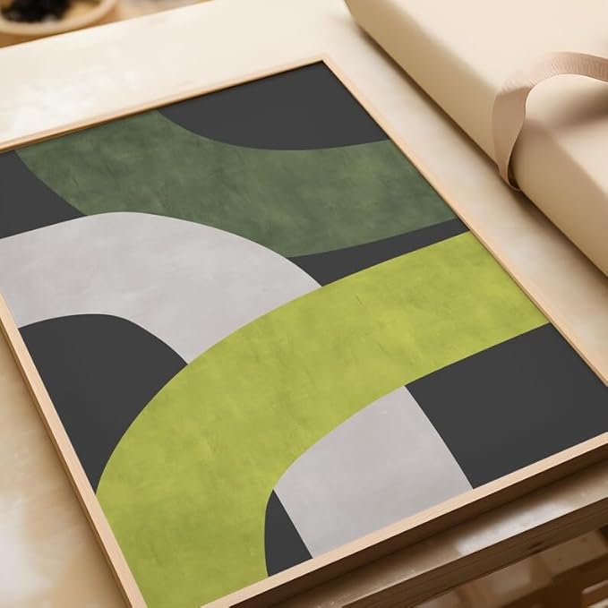 Nationcog Mid-Century Green Black Organic Lines Art, Modern Minimalist Wall Decor, Bold Beige Tones Contemporary Trendy Home Accent (Unframed) (16x24)