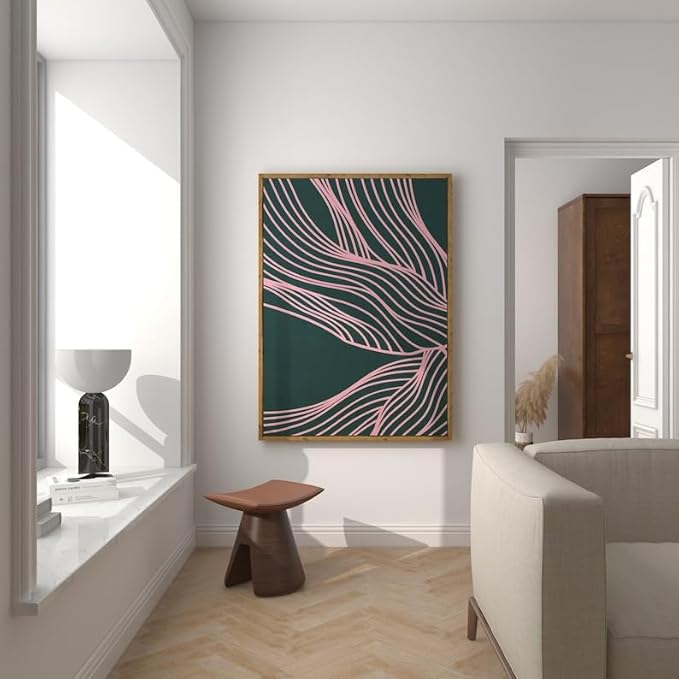 Nationcog Modern Emerald Green Pink Organic Lines Art, Minimalist Mid-Century Wall Decor, Contemporary Trendy Home Accent, Aesthetic Easter Gift Idea (Unframed) (27x40)