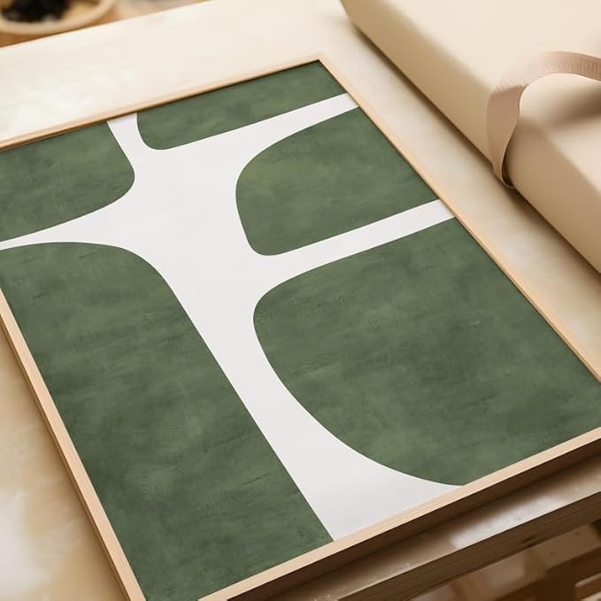 Nationcog Modern Green Beige Minimalist Art, Mid-Century Contemporary Wall Decor, Large Affordable Home Accent, Handmade Greenery Gift Idea (Unframed) (24x36)