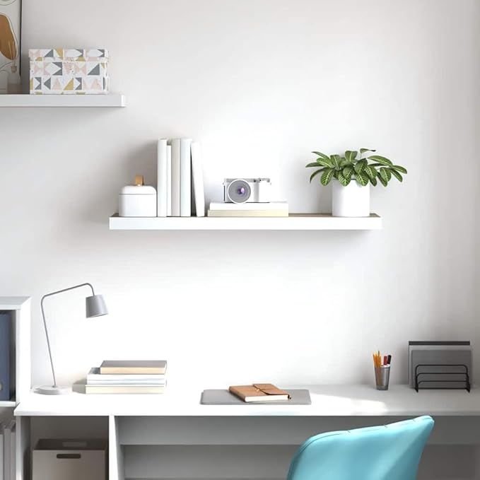 Floating Wall Shelf Oak and White Honeycomb MDF Metal 31.5 x 9.3 x 1.5 in, Modern Space-Saving Display Shelf for Home Office Decor and Living Room Storage