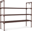 3 Tier Shoe Rack for Closet Shoe Organizer with 5 Hooks, Long Shoe Shelf Storage for Shoe and Boot Stackable Free Standing Shoe Rack for Entryway, Garage, Small Spaces, Dorm, Brown