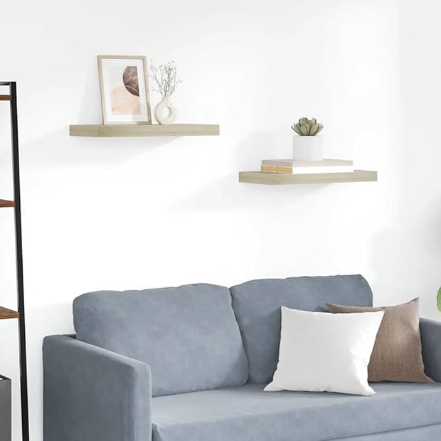 Floating Wall Shelf Set of 2, Oak Honeycomb MDF with Metal Frame, Modern Invisible Mount Shelves for Home Display and Storage, 19.7x9.1x1.5 Inches, Matte Finish, Holds 15.4