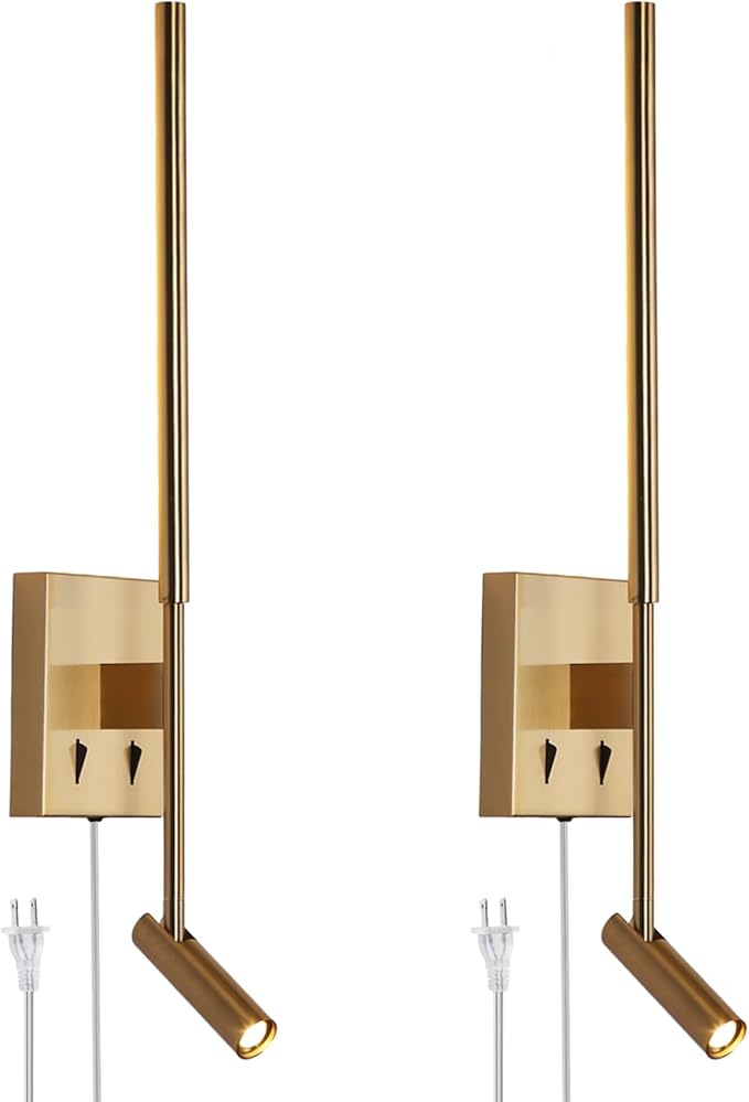 ZEROUNO Modern Plug in Wall Sconce Set of 2, Gold LED Wall Mounted Reading Lamp with Switch, Minimalist Linear Wall Light Fixture with 5.9FT Clear Cord for Bedroom Living Room Hallway Decor