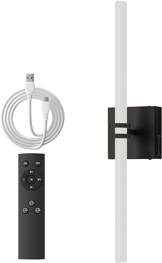 Battery Operated Wall Sconce 1Pack, Black Rechargeable Wall Lights with Dimmable Remote Control, 22 Inch 3000K-6000K LED Wireless Wall Lamps for Bedroom, Hallway, Background Wall