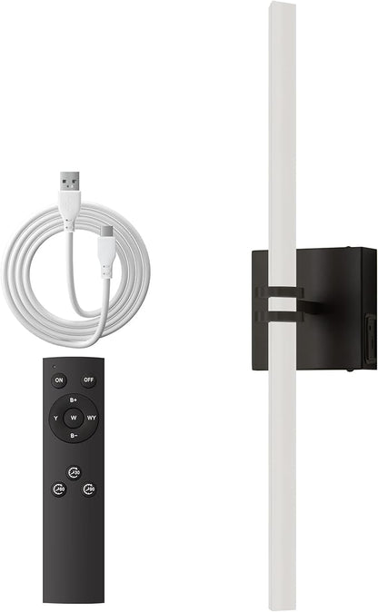 Battery Operated Wall Sconce 1Pack, Black Rechargeable Wall Lights with Dimmable Remote Control, 22 Inch 3000K-6000K LED Wireless Wall Lamps for Bedroom, Hallway, Background Wall