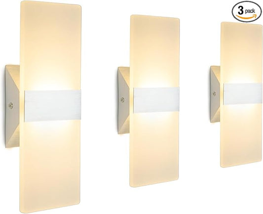 ChangM LED Wall Sconce Modern Wall Light Lamps 12W Warm White Up and Down Indoor Acrylic Lighting Fixture for Living Room Bedroom Hallway Conservatory Home Room Decor Not Dimmable No Plug(3 Pack)