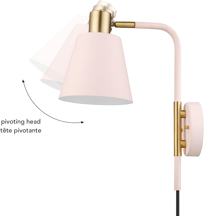 GLOBE Electric Cleo 1-Light Plug-in or Hardwire Wall Sconce, Blush Pink, Matte Brass Accents, Black Cloth Cord, Bulb Not Included