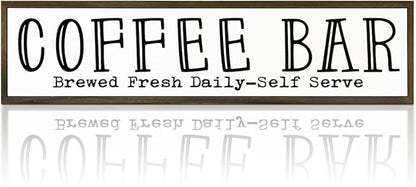 Coffee Bar Signs Decor, Rustic Coffee Station Decors, Coffees Home Decoration for Kitchen Bar, Wall Decors Art, Anniversary Decor, Brewed Fresh Daily Self Serve Sign, 17.8x4x1.2 inches